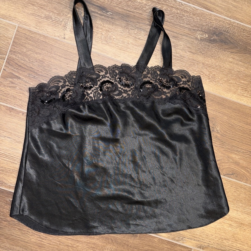 Lucie Ann II Vintage‎ Black Satin Beaded Lace Trim Tank Women's Size 36